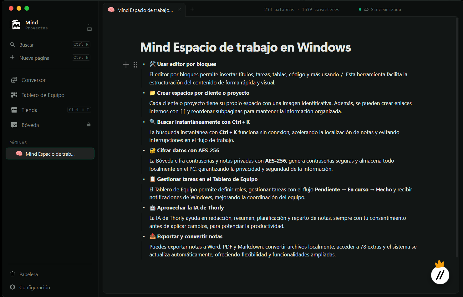 Ventana de Mind con una página de resumen abierta y la barra lateral con Conversor, Tablero de Equipo, Tienda y Bóveda